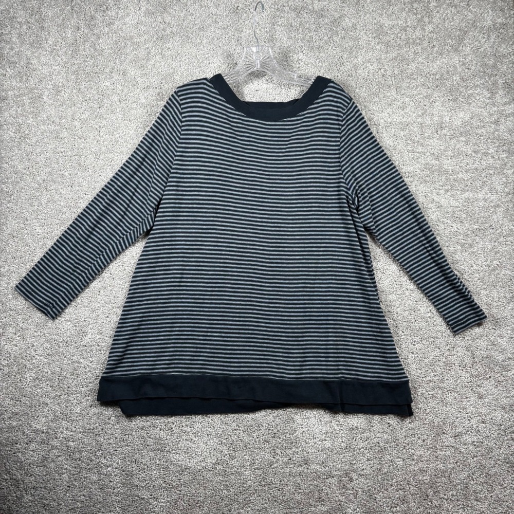 J.Jill Perfect Pima Cotton Striped Tunic Top XL Petite Navy Blue Gray 3/4 Sleeve